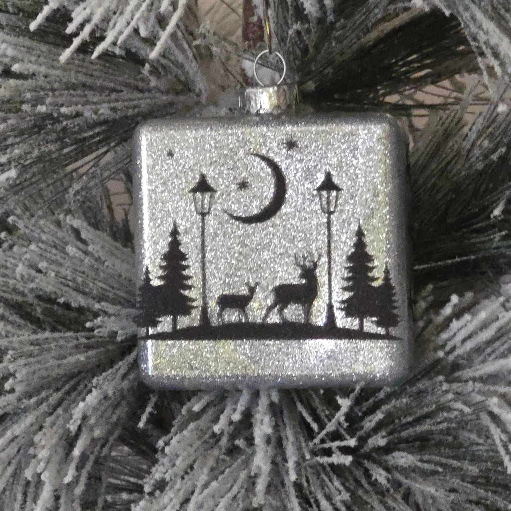 Decorative silver ornament deer, trees and moon black on silver