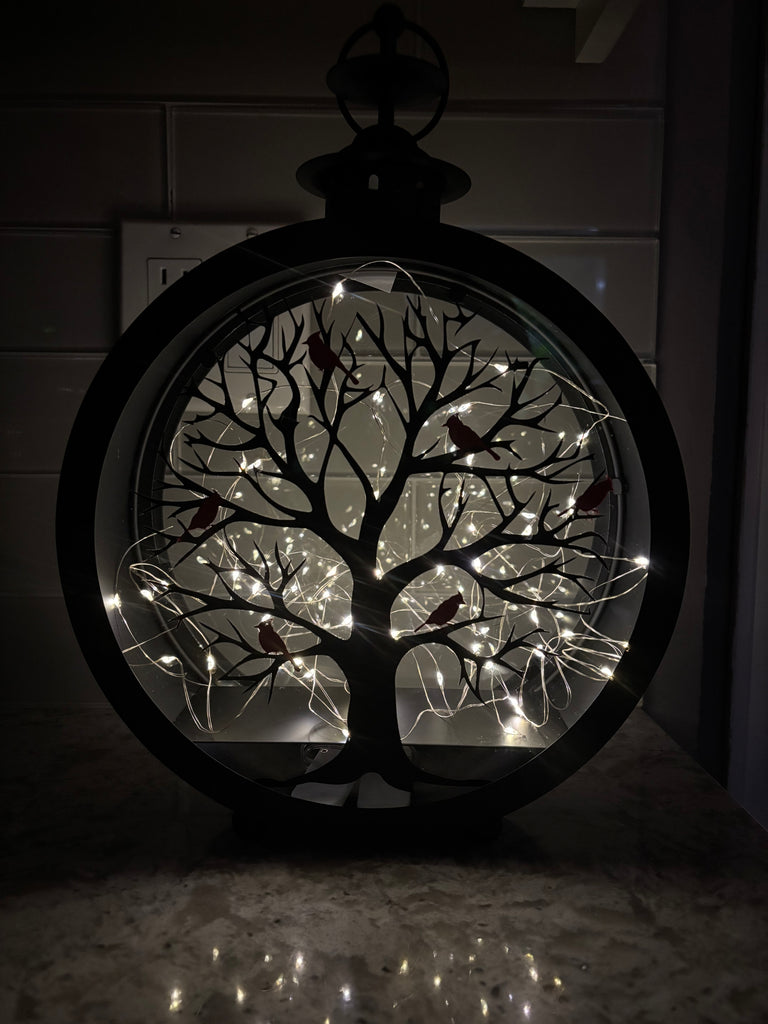 Lantern Round Black with tree and cardinal
