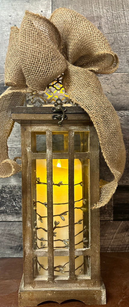 lantern wood & metal with LED candle & ribbon