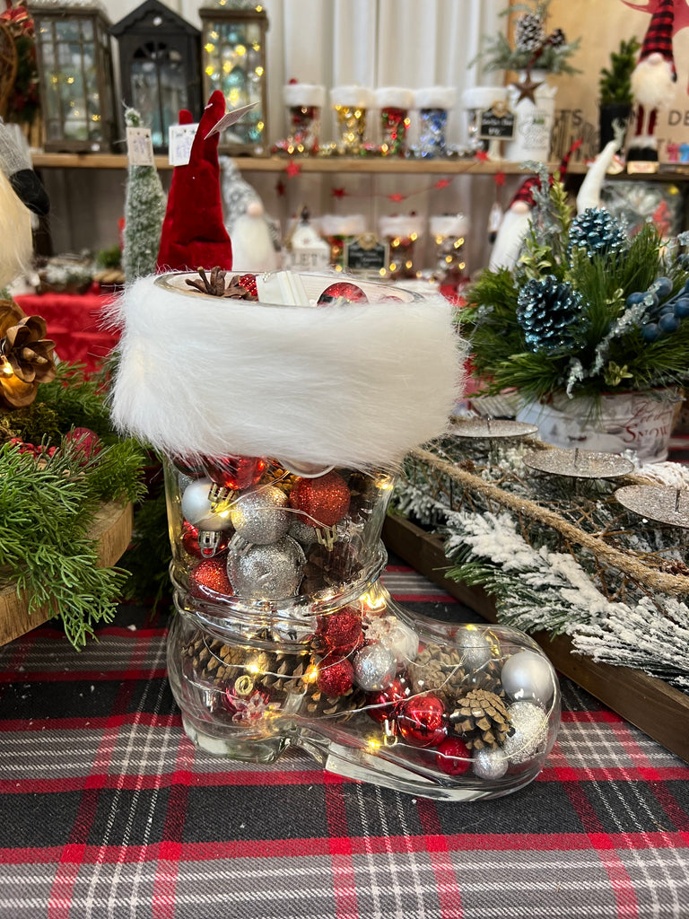 Glass Santa Boot filled with lights